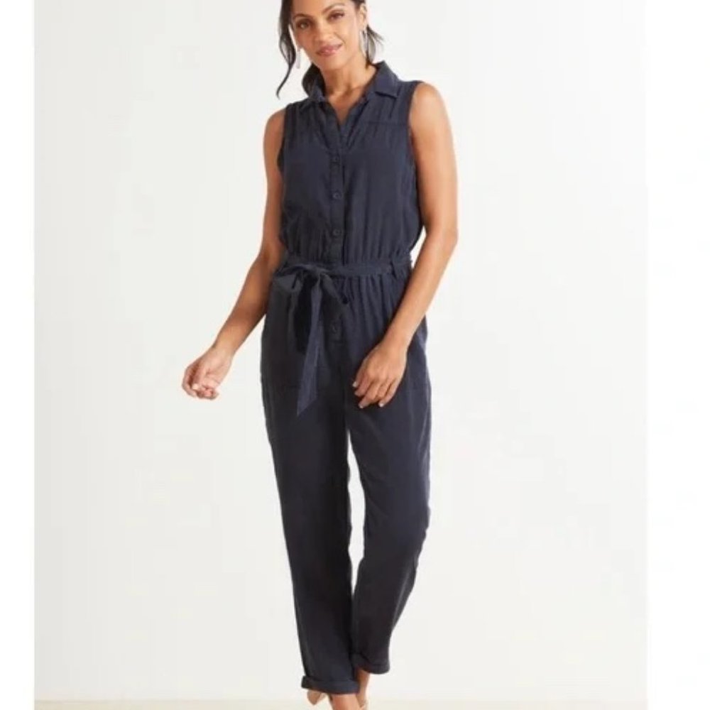 Anthropologie Navy Tencel Sleeveless Button-Front Jumpsuit